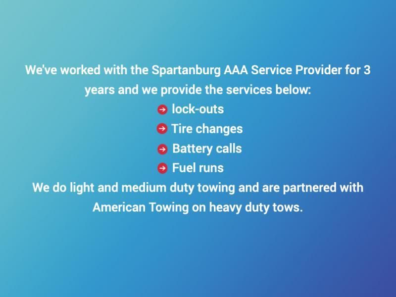 Text on a blue gradient background listing roadside services like lock-outs, tire changes, battery calls, and towing.