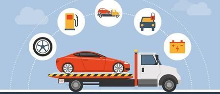 A white tow truck carries a red sports car, surrounded by icons for tires, fuel, towing, lockout, and battery services.
