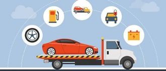 A white tow truck carries a red sports car, surrounded by icons for tires, fuel, towing, lockout, and battery services.