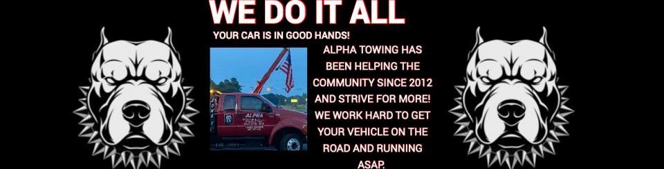 An advertisement for Alpha Towing featuring two pit bull illustrations, a red tow truck, and text about their services.