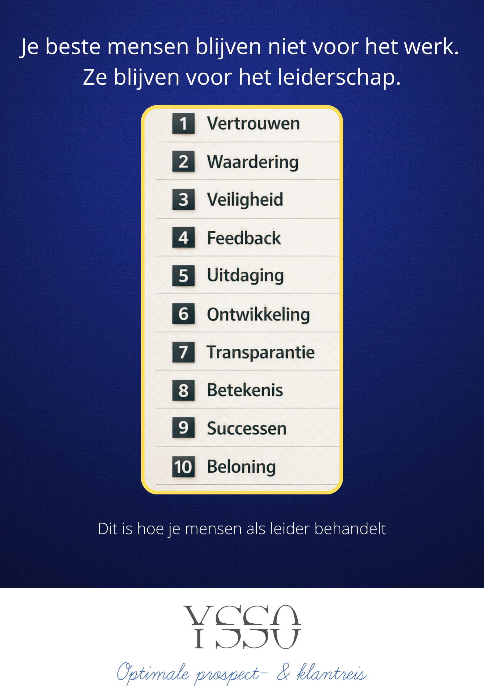 Donkerblauwe poster met tekst en lijst van tien waarden, waaronder vertrouwen, waardering en gelijkheid.