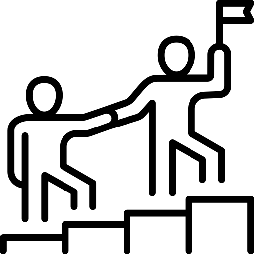 Two figures climbing steps, one helping the other reach a flag on the top step.