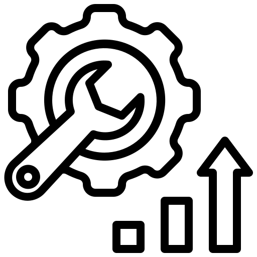 Gear and wrench icon with rising bar chart and upward arrow, suggesting maintenance and growth