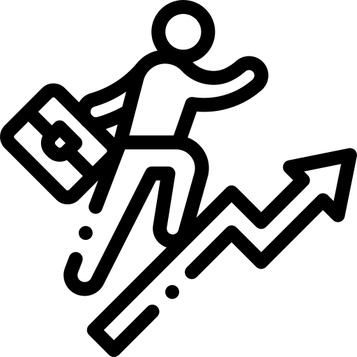 Person climbing an upward arrow graph while holding a briefcase, symbolizing business growth
