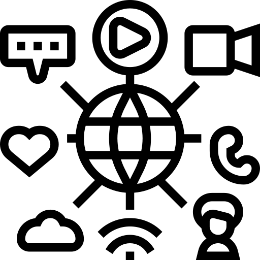 Black outline icons of global communication, chat, video, phone, heart, cloud, and Wi‑Fi around a globe.