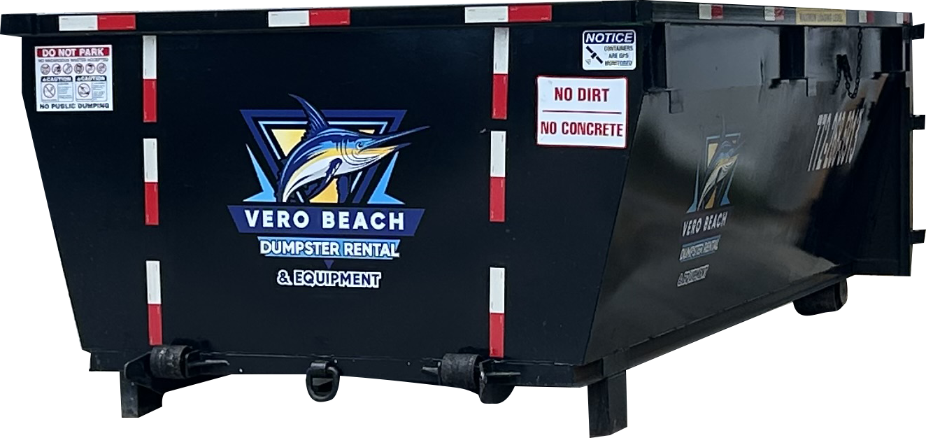 Black dumpster with the Vero Beach logo.