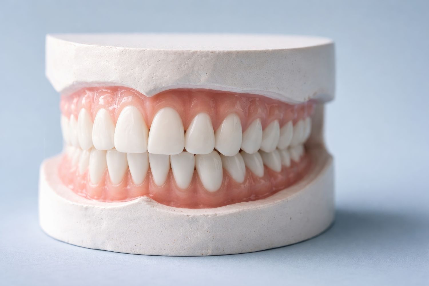 Dental model with white teeth and pink gums on a white base