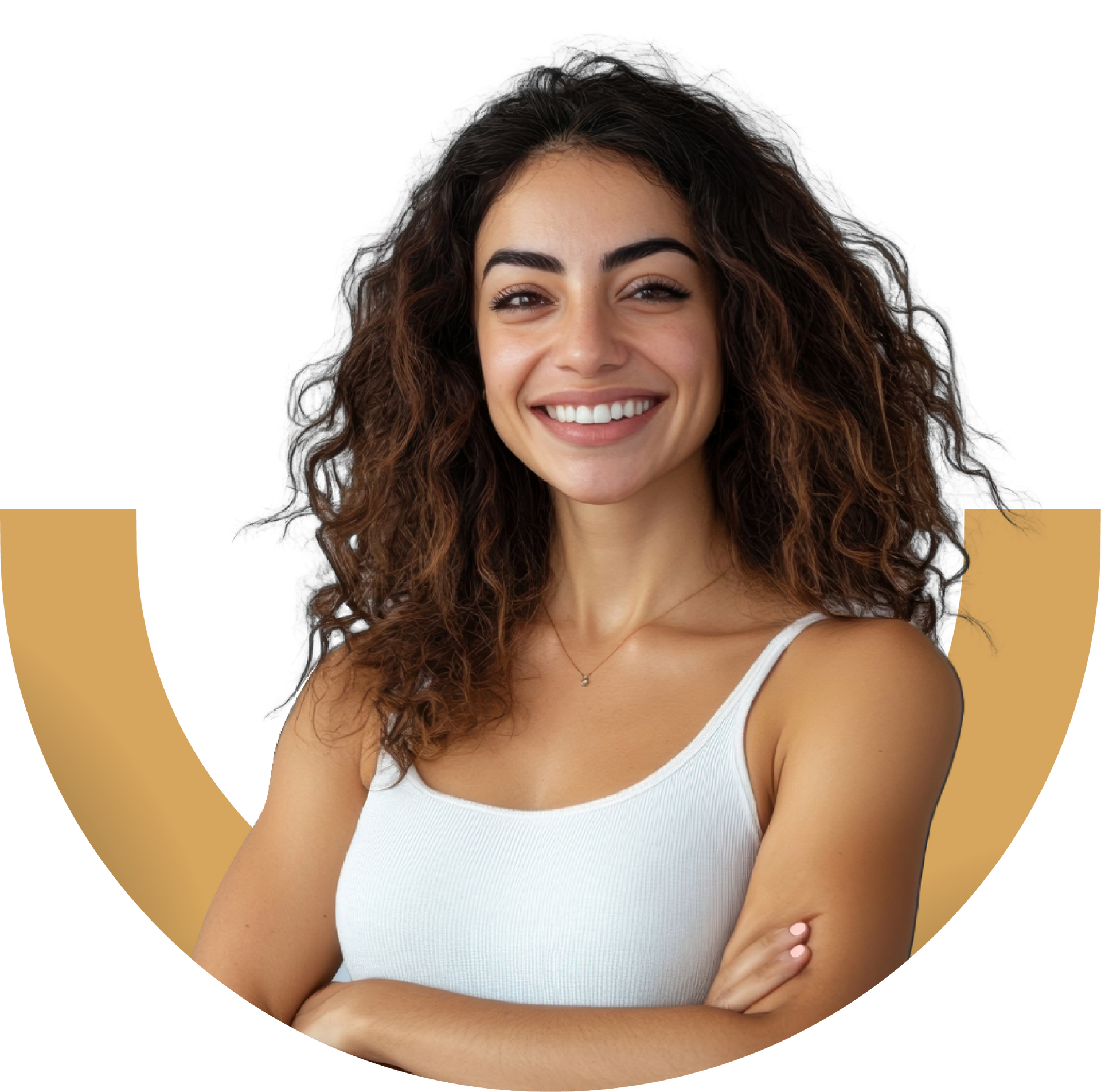 Smiling woman with curly hair in a white tank top, arms crossed, against a white and gold background