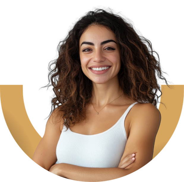 Smiling woman with curly hair in a white tank top, arms crossed, against a white background with a gold arc