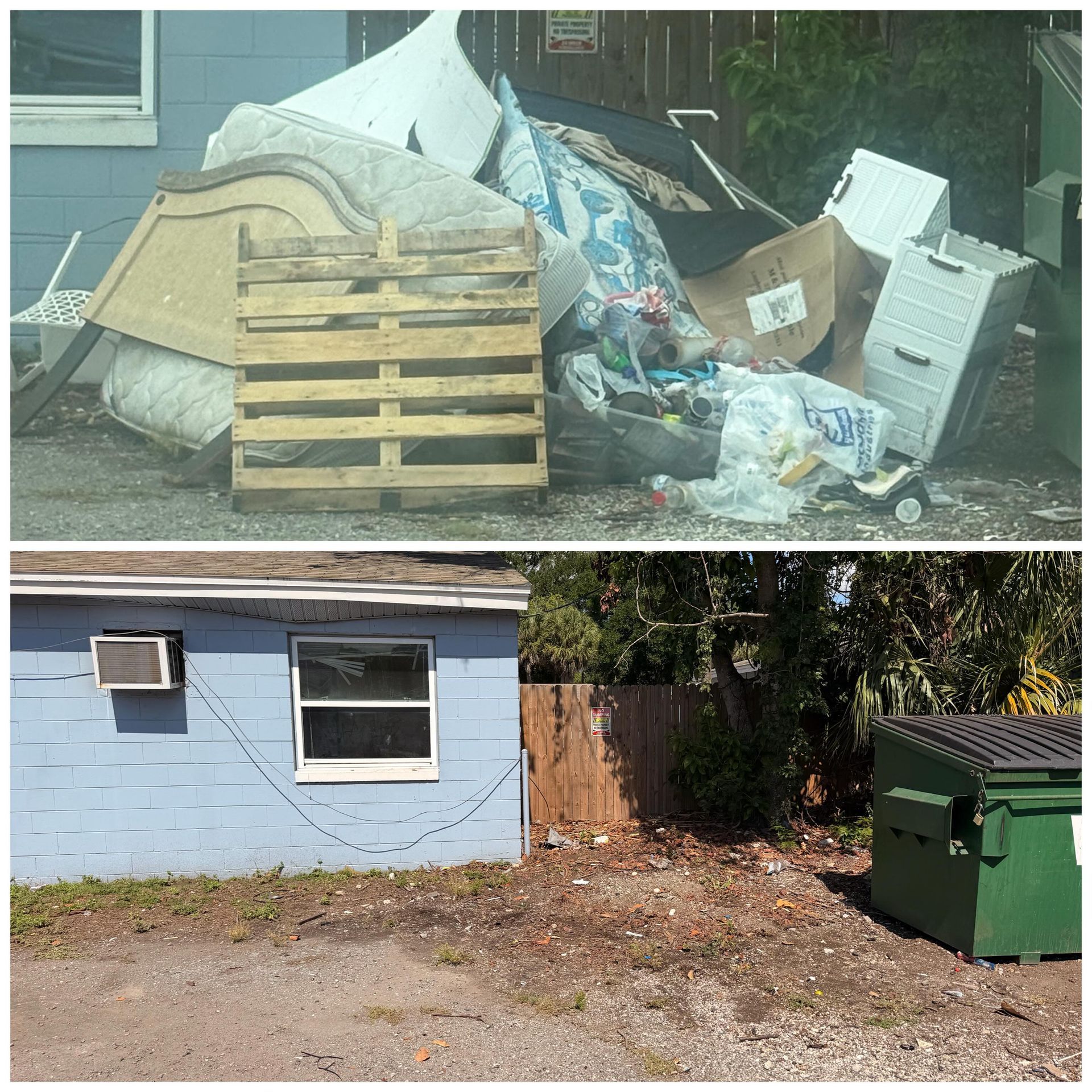 Dumped mattress and debris beside a blue building, with a green dumpster in a gravel lot.