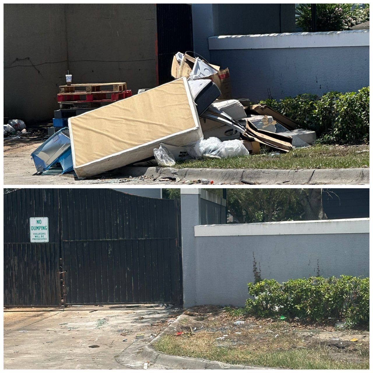 Before-and-after view of cluttered curbside debris removed beside a driveway and black gate