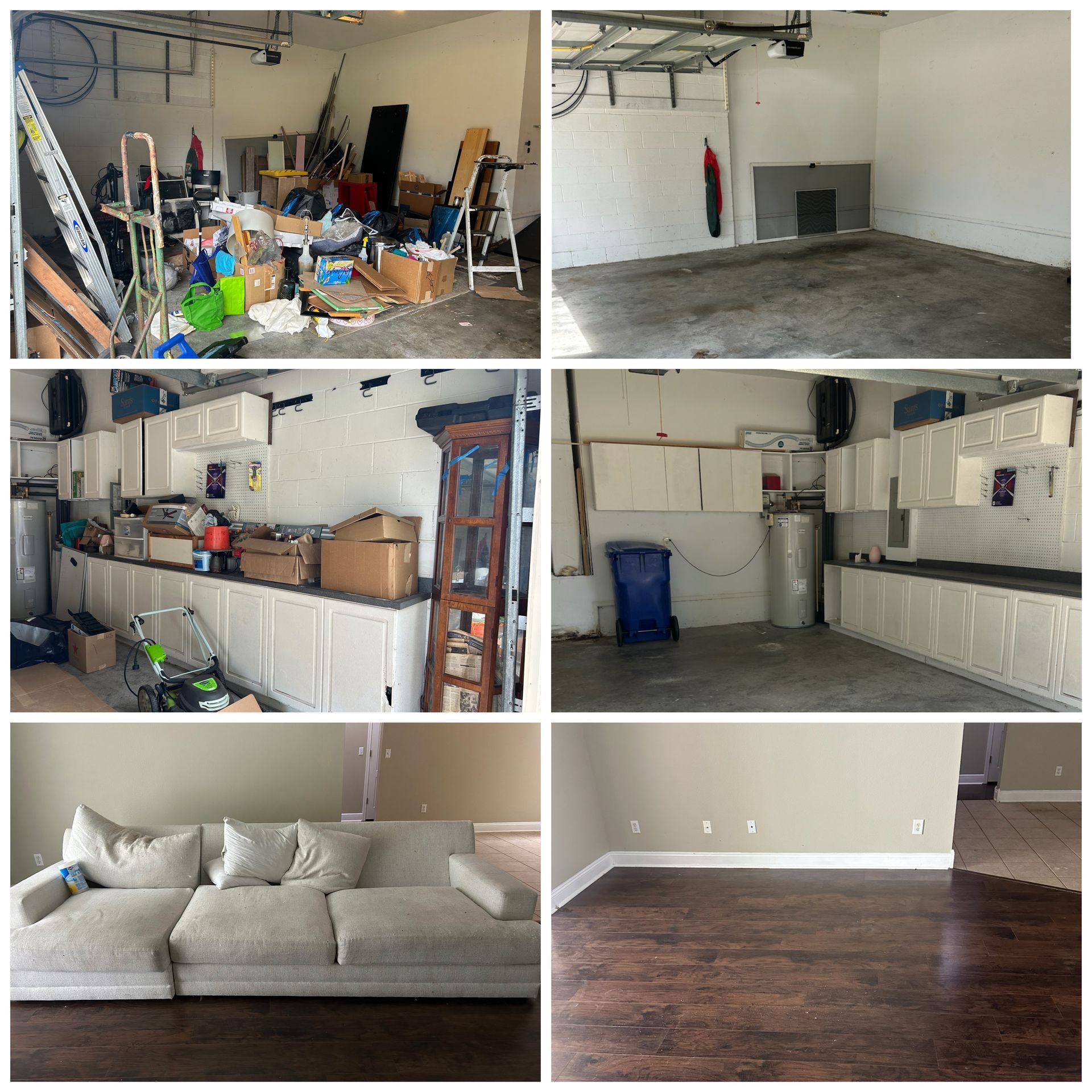 Before-and-after garage and living room cleanup, showing cluttered storage, organized shelves, and a tidy sofa room.