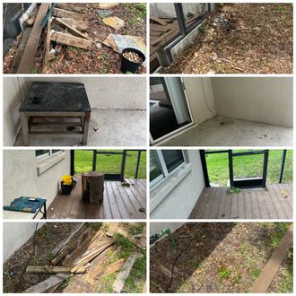 Collage of porch and yard cleanup: debris, broken wood, dirt, and an empty patio area.