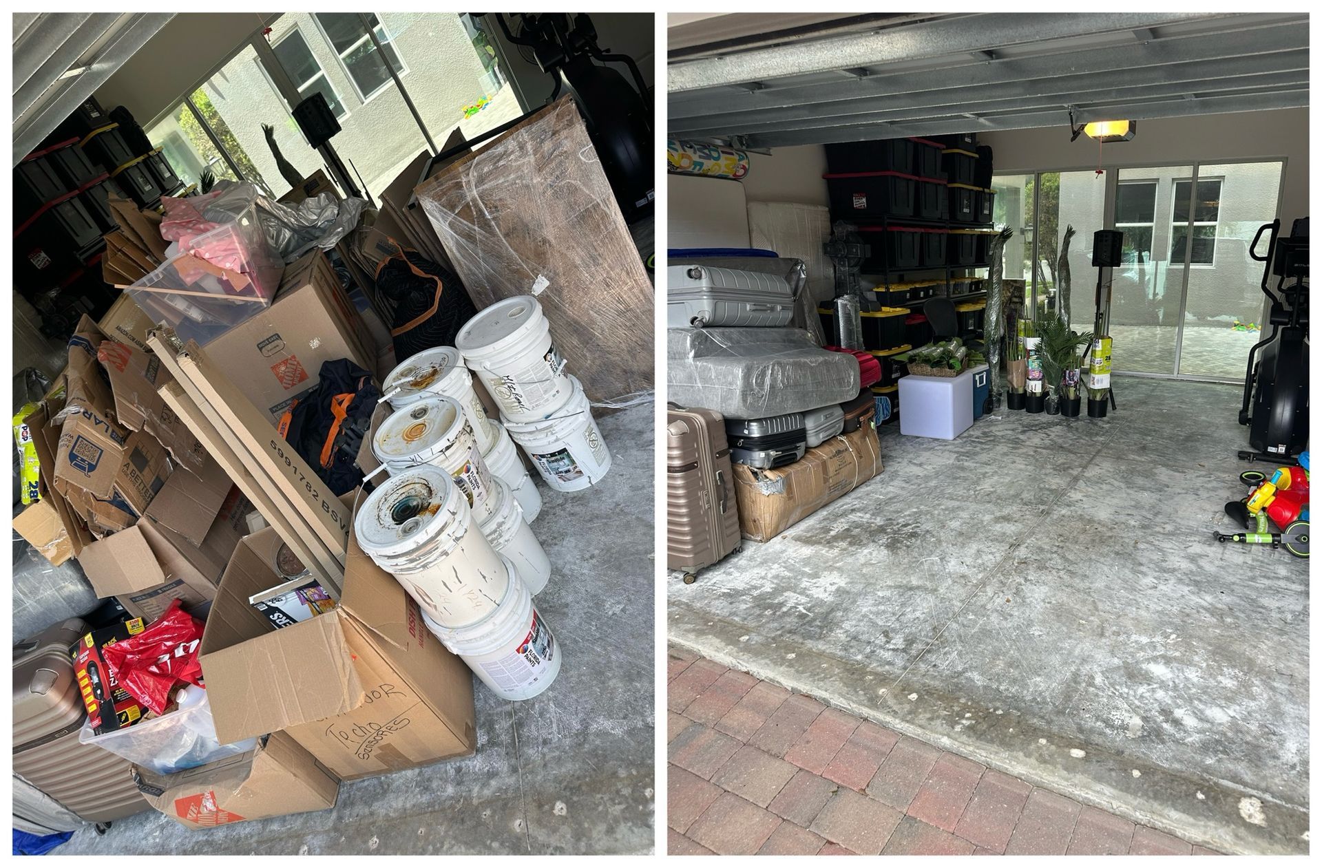 Cluttered garage with boxes, paint buckets, and tools piled near the entrance.