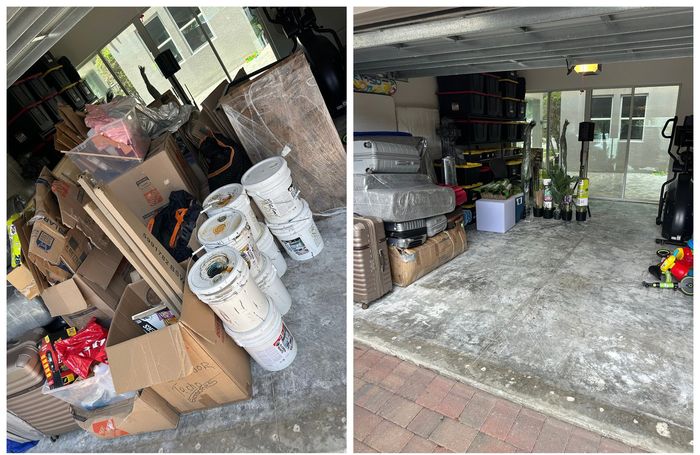 Cluttered storefront with stacked boxes, paint buckets, and miscellaneous items on the floor and shelves.