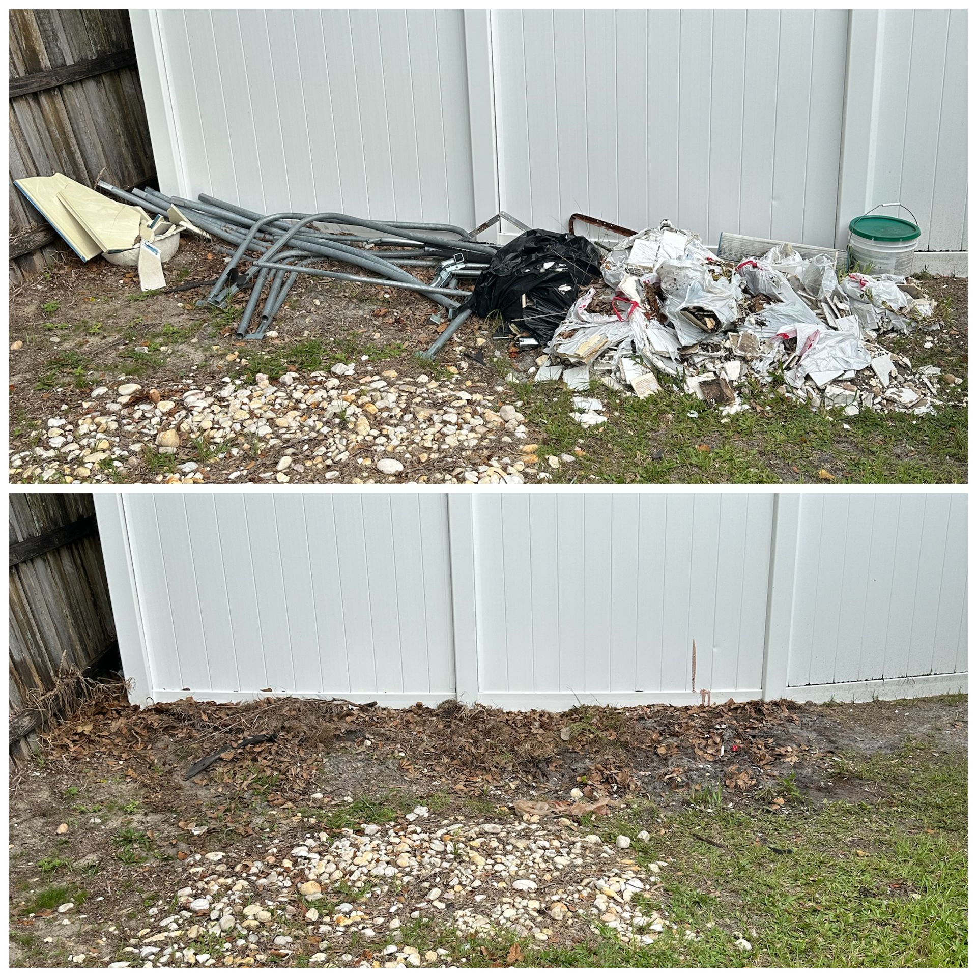 Before-and-after of a fence line cleared of metal debris and trash, leaving bare ground.