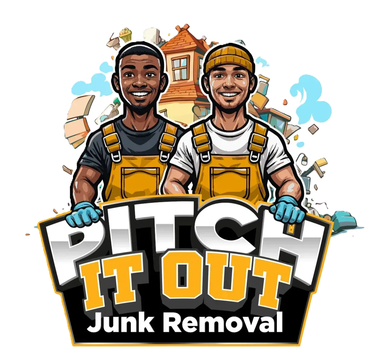 Pitch It Out Junk Removal logo with two workers in yellow overalls holding a sign.