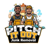Pitch It Out Junk Removal logo with two workers in yellow overalls holding a sign.