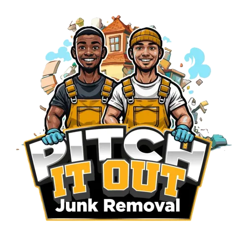 Pitch It Out Junk Removal logo with two workers in yellow overalls holding a sign.