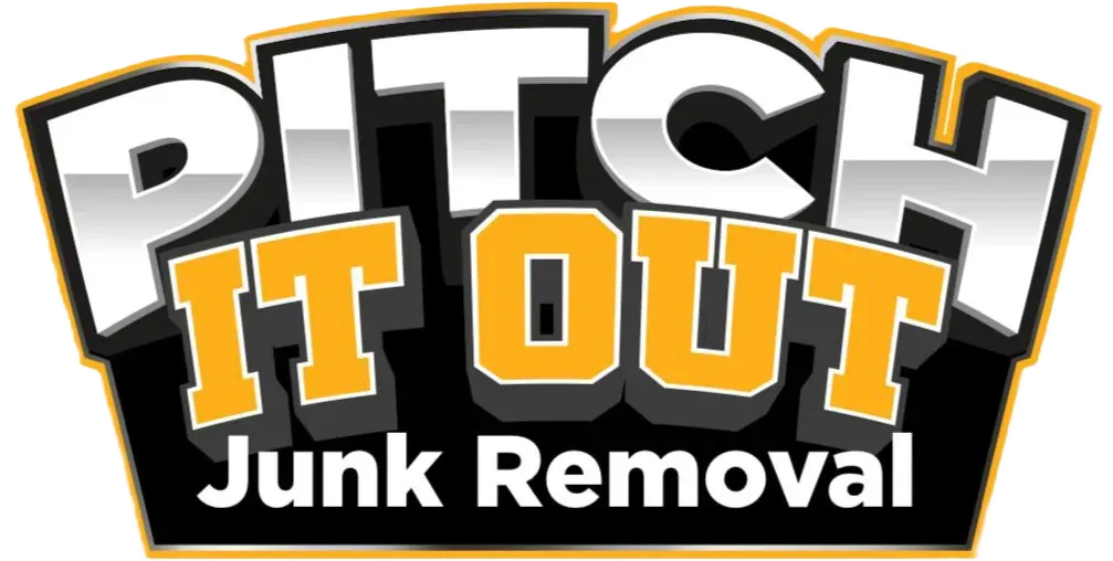 Pitch It Out Junk Removal logo in white, black, and orange text on a black background