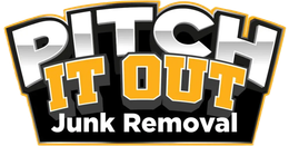 Pitch It Out Junk Removal logo in white, black, and orange text on a black background