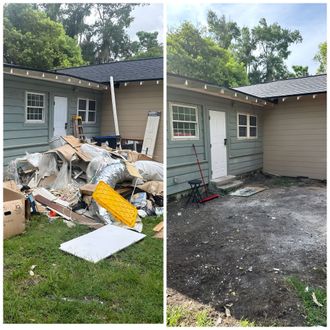 Before and after of a house side yard: debris pile cleared, leaving a gravel area beside beige siding.