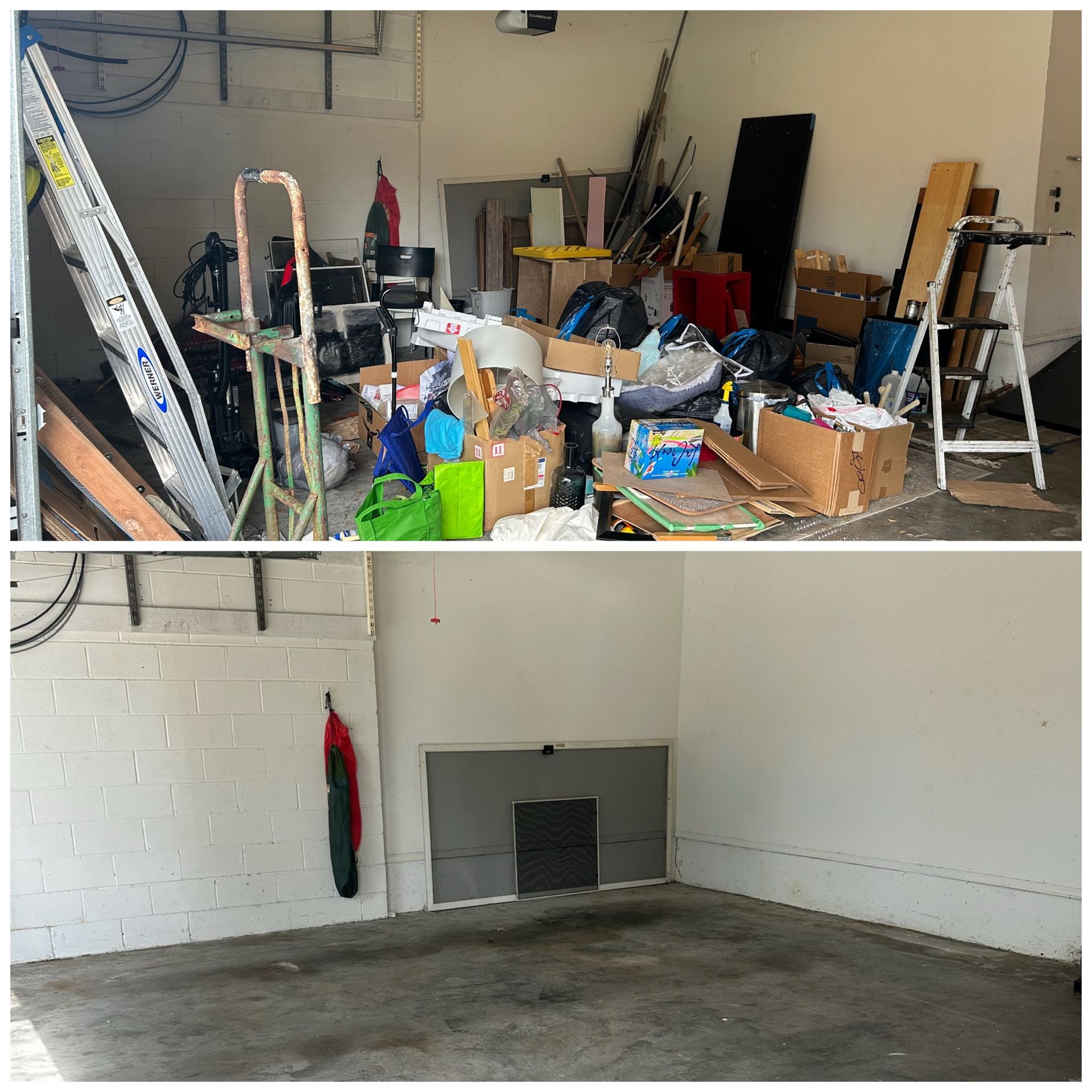 Before and after of a garage: cluttered with tools and boxes, then mostly empty with a fireplace.