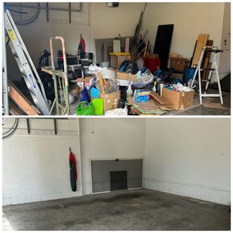 Before and after of a garage: cluttered with tools and boxes, then mostly empty with a fireplace.