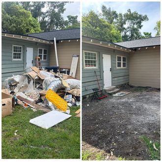 Before and after of a house side yard: debris pile cleared, leaving a gravel area beside beige siding.