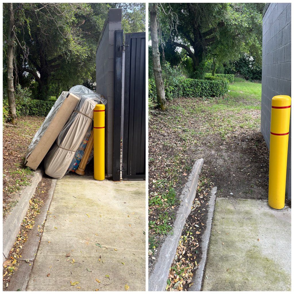 Before-and-after view of cleared walkway beside a black gate and yellow bollard, with a discarded mattress removed
