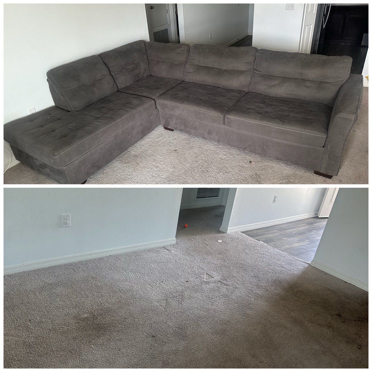 Gray sectional sofa in a living room, shown above a bare carpeted floor area.