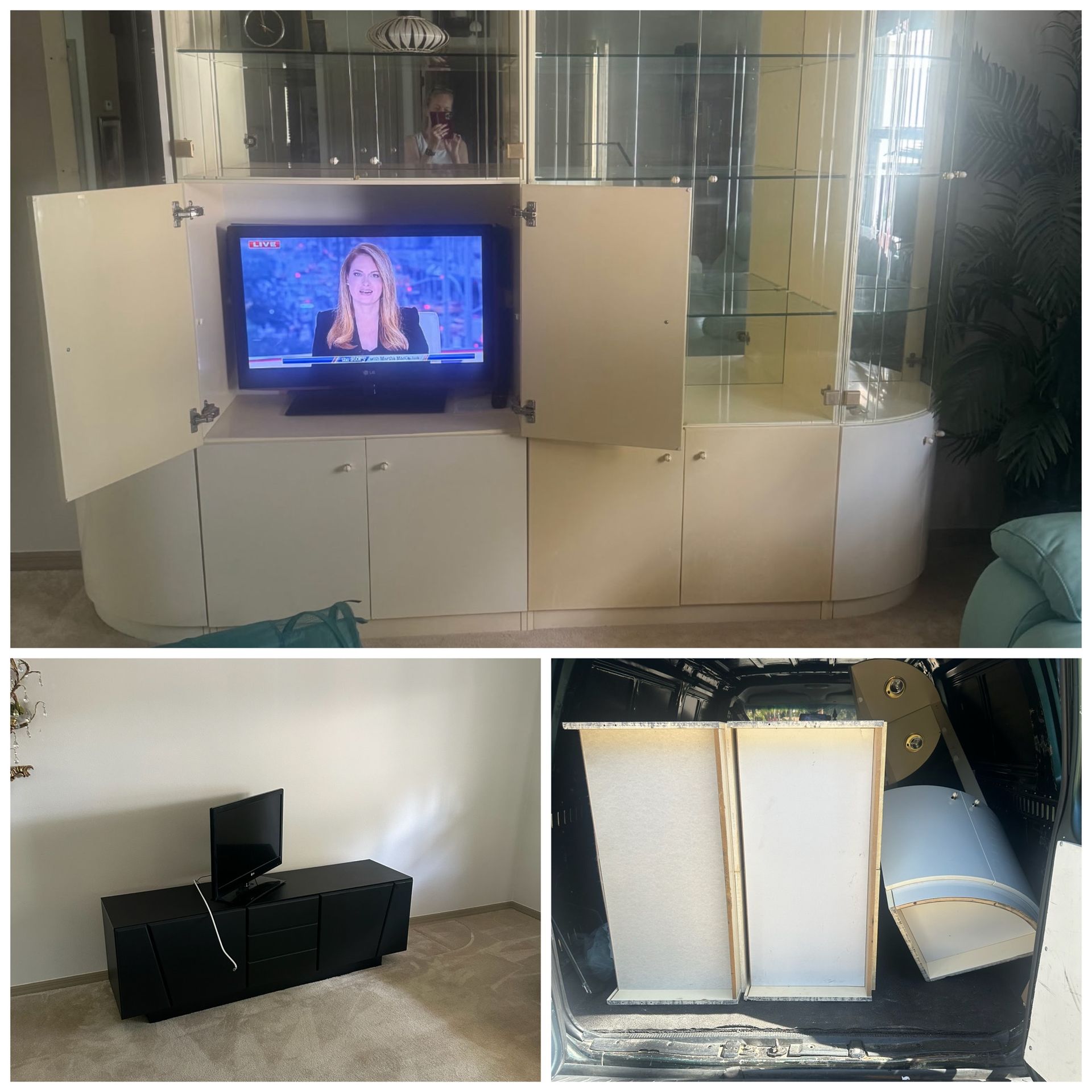 Three-part collage of a damaged white TV cabinet with open doors and a TV, plus a black unit and broken panel pieces