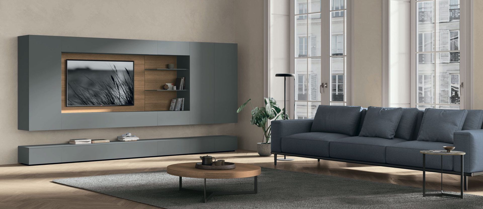 living aperto con alloggiamento tv