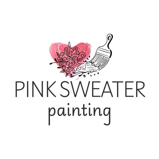 Pink Sweater Painting logo featuring a black line-drawn paintbrush creating swirls that transform into leaves. A pink watercolor heart serves as the background for the creation.