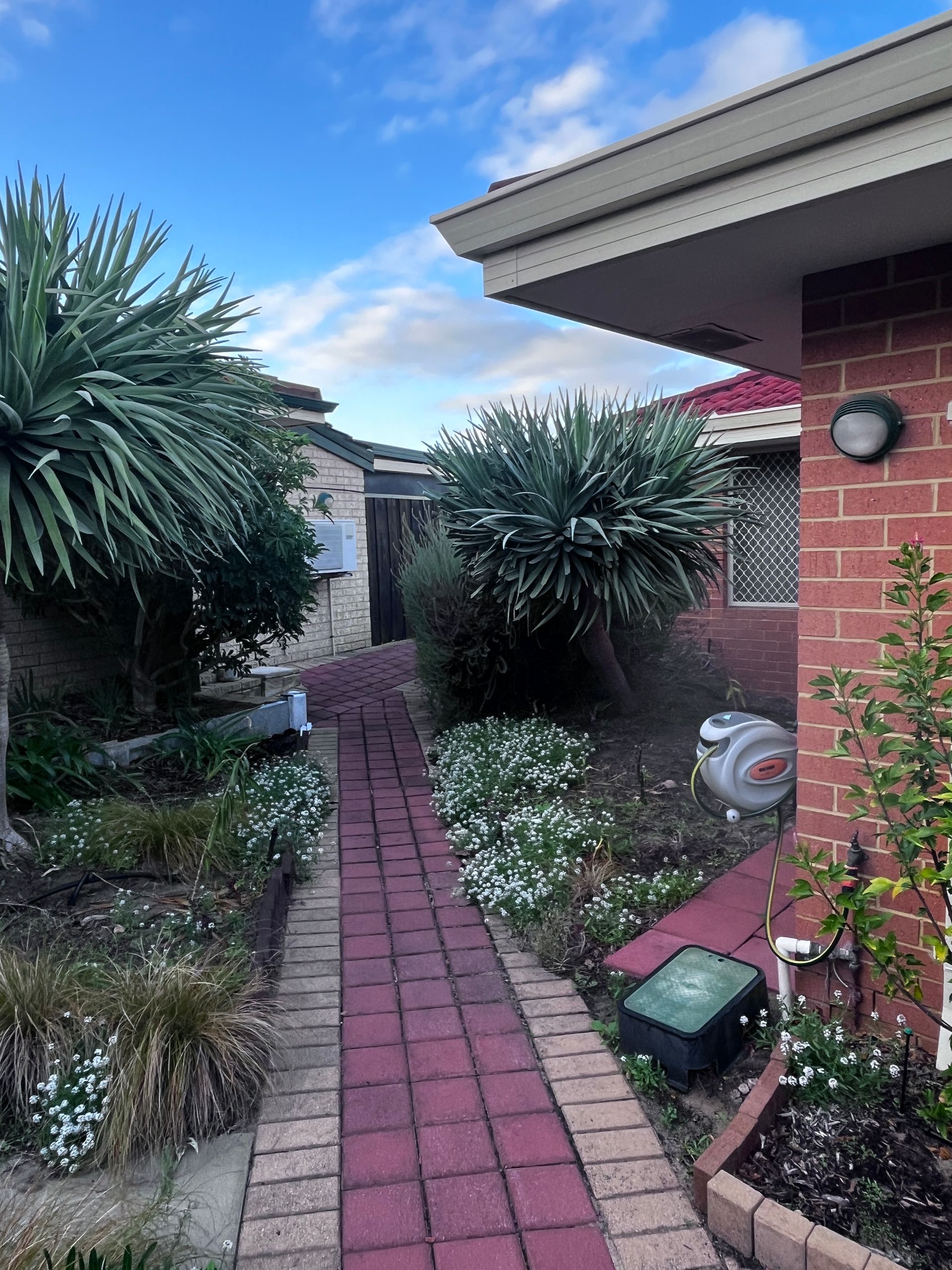 Brick path through a garden with a red brick house on the right, cloudy sky overhead.
