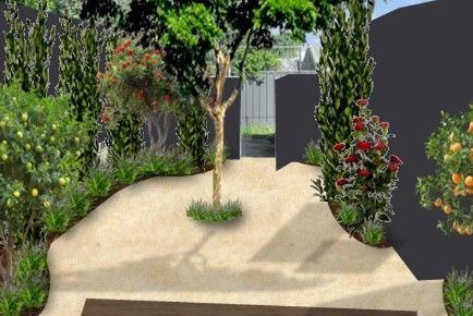 Landscaped garden with gravel path, trees, and dark gray walls.
