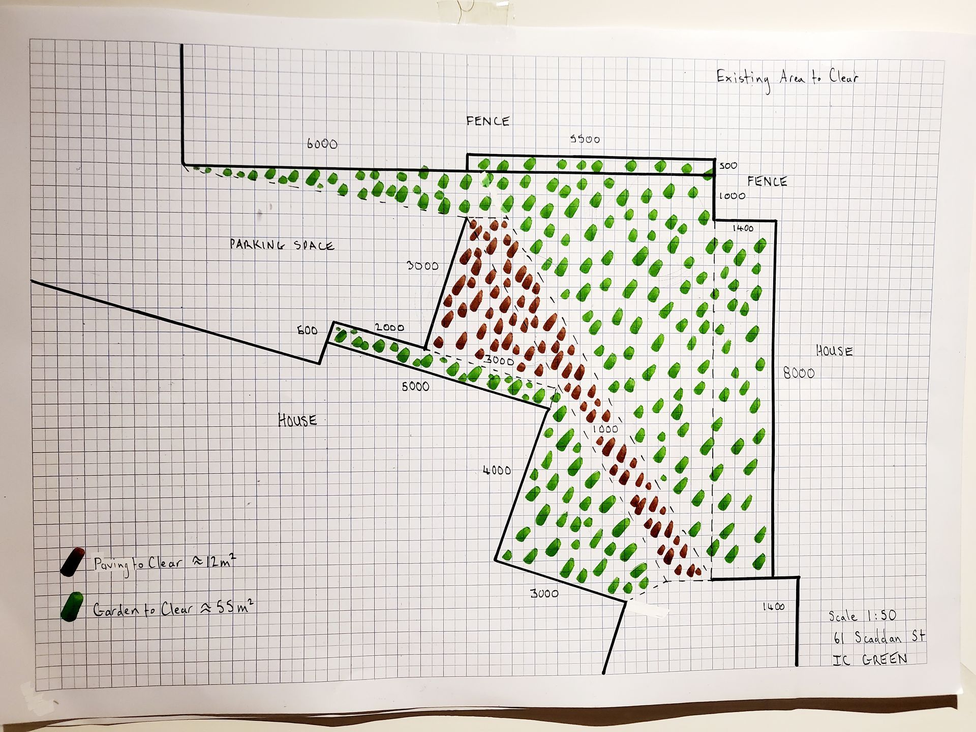 A map of an area with black borders, a grid, and green and brown tree illustrations.