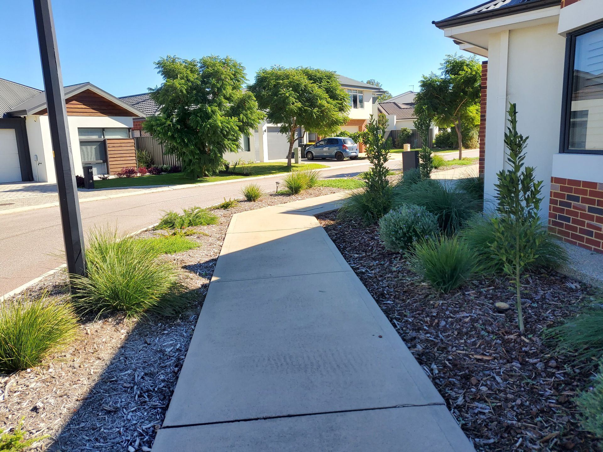 Residential sidewalk leading through a sunny suburban neighborhood with houses, trees, and landscaped front yards