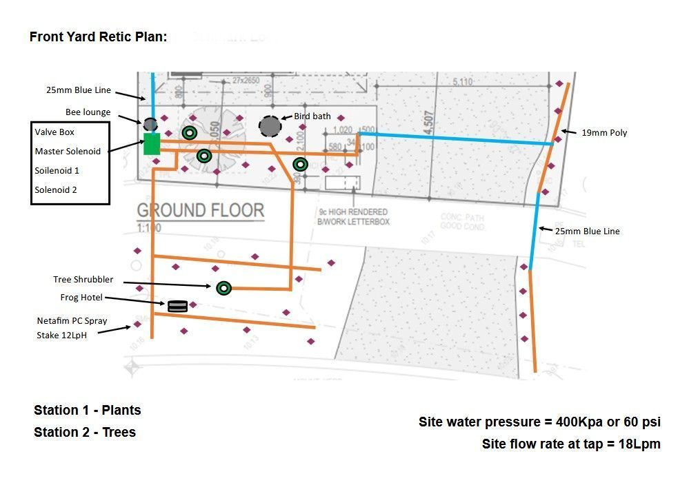 Yard water meter plan with pipes and meters, ground floor indicated.