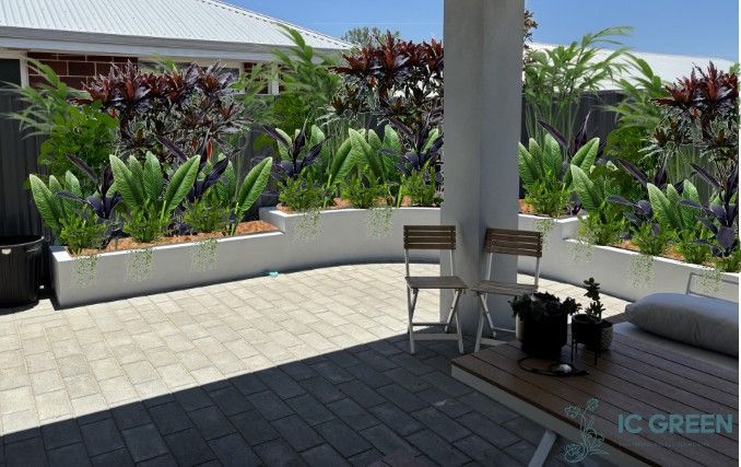 Patio with raised garden beds and two chairs, sunlight, lush greenery, and potted plants.