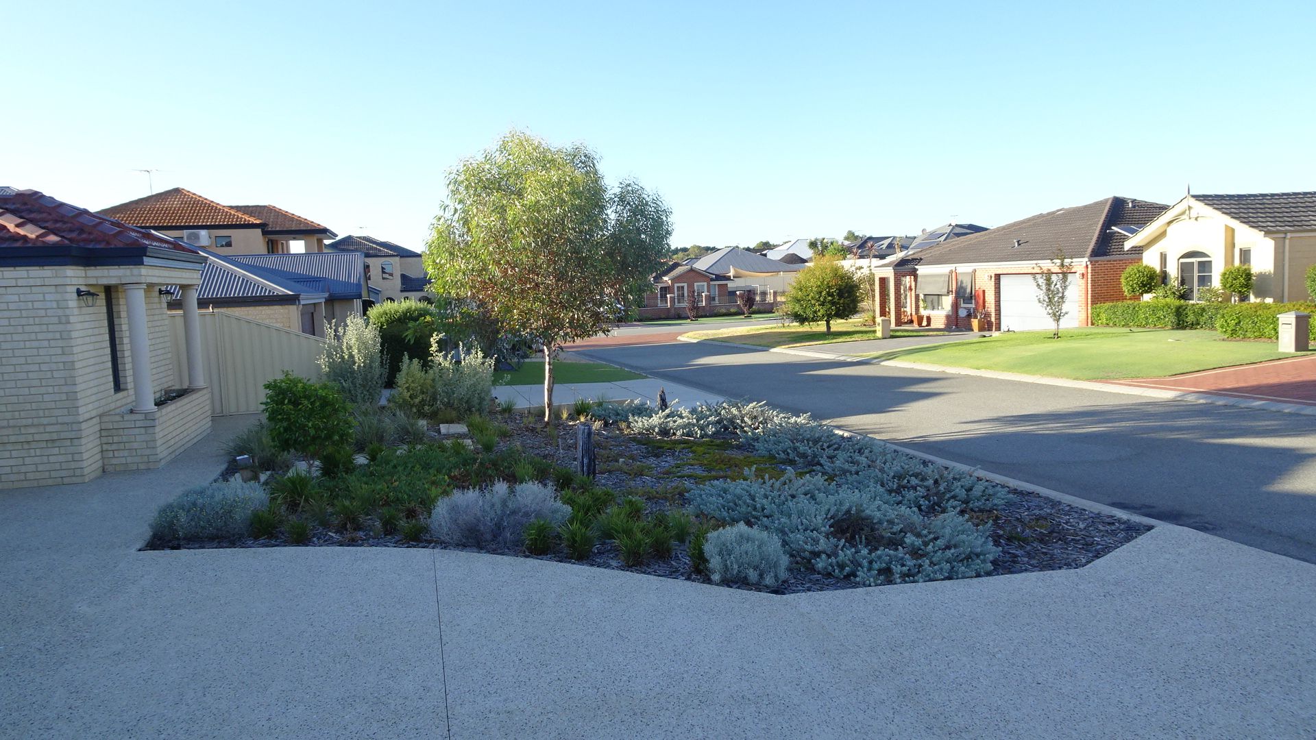 Street view of a suburban neighborhood with houses, a central garden bed, and a sunny sky.