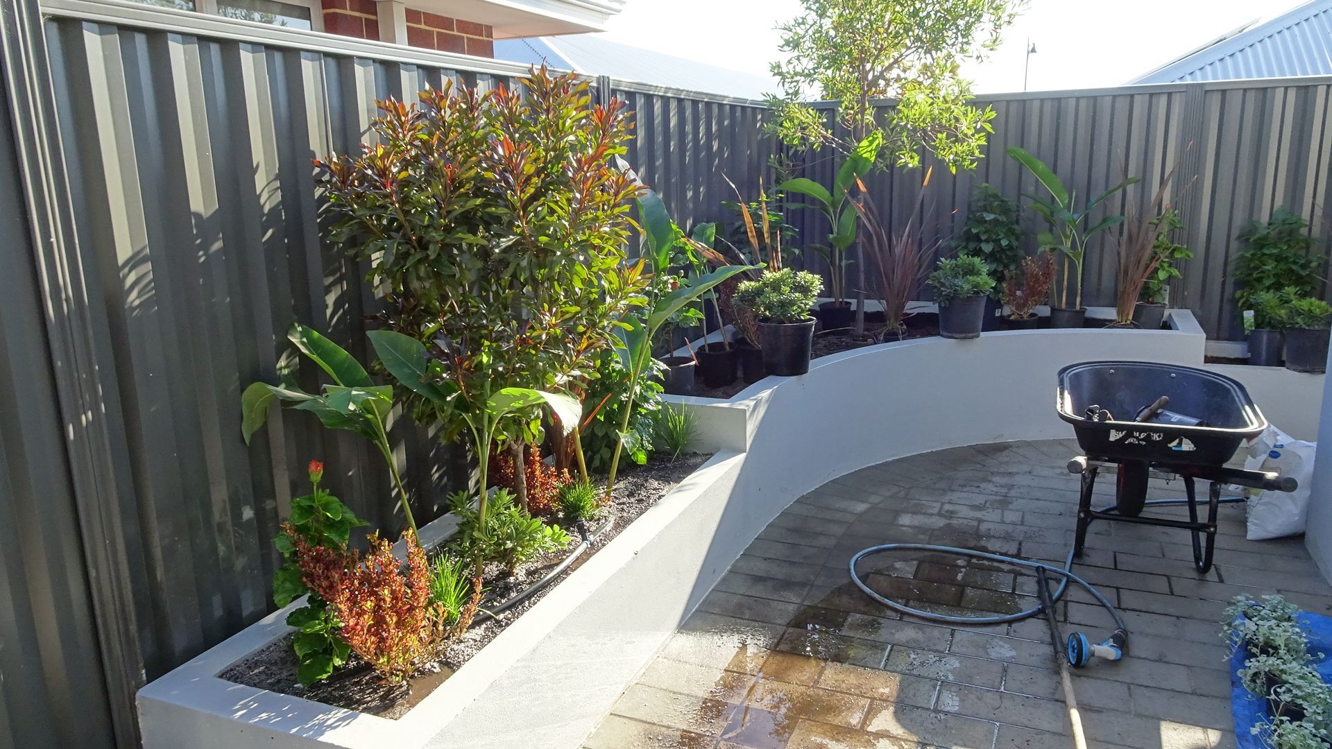 Planter boxes along a fence, filled with plants. A wheelbarrow sits on a patio.