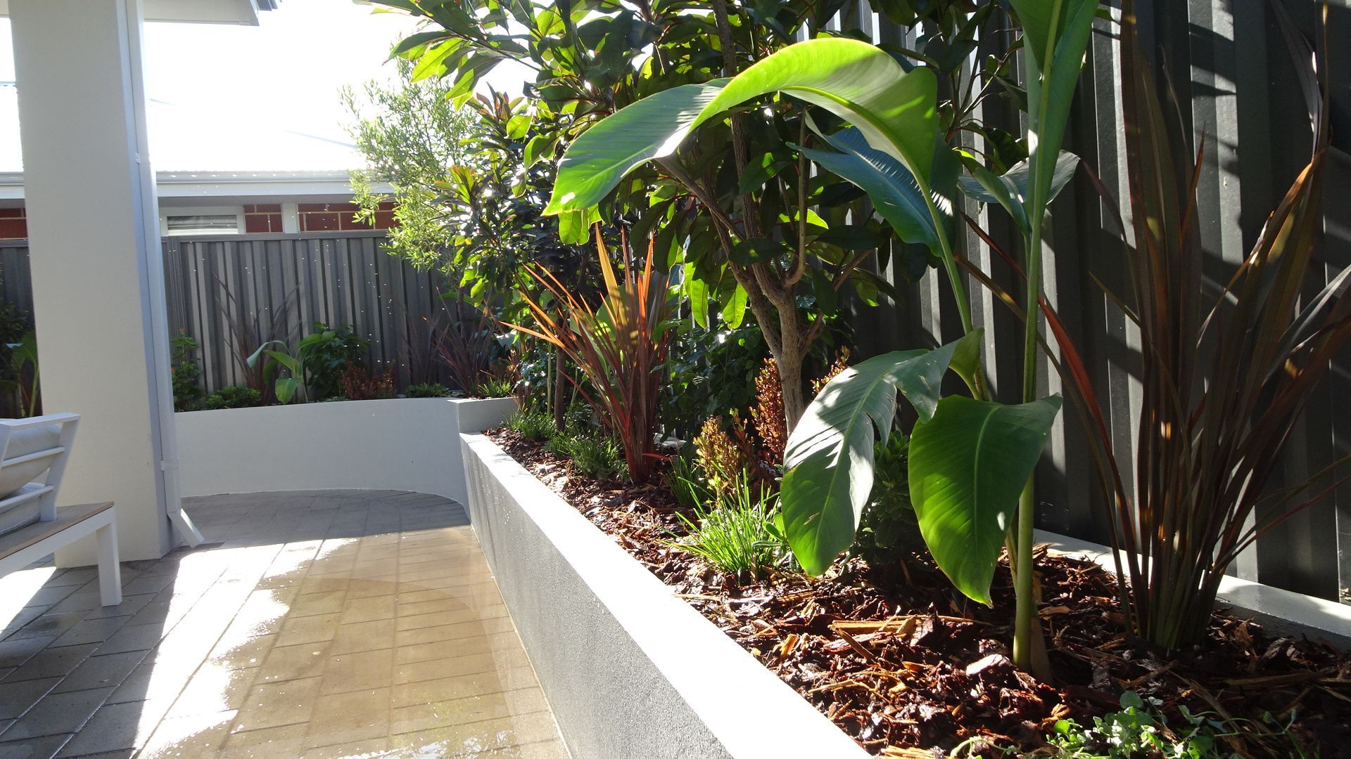 Planter box with various plants against a wooden fence. Sunlit patio with white pillars.