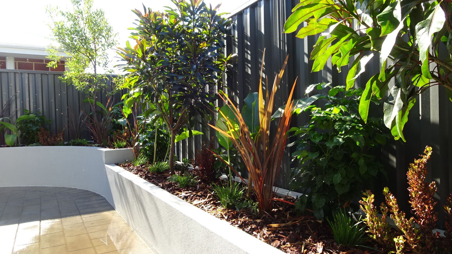 A garden bed with lush plants, mulch, and a dark fence, contrasting with a concrete wall and patio.