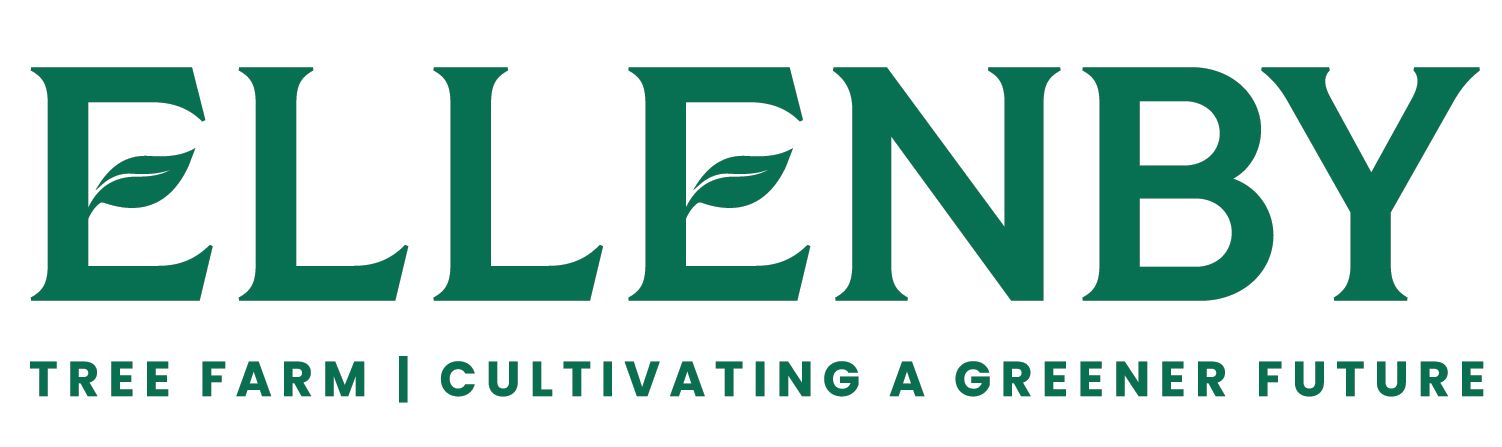 Ellenby Tree Farm logo with green text and leaves: 