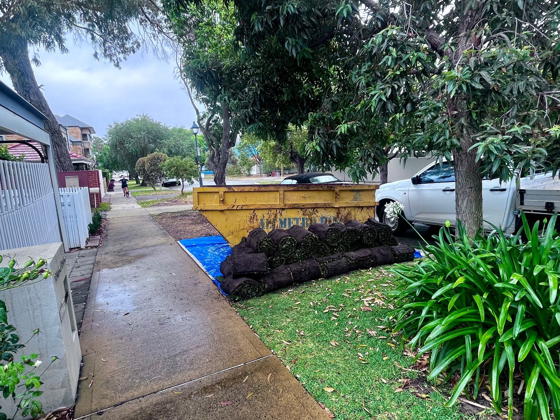 A yellow dumpster on a sidewalk, filled with soil next to rolled-up sod under trees.