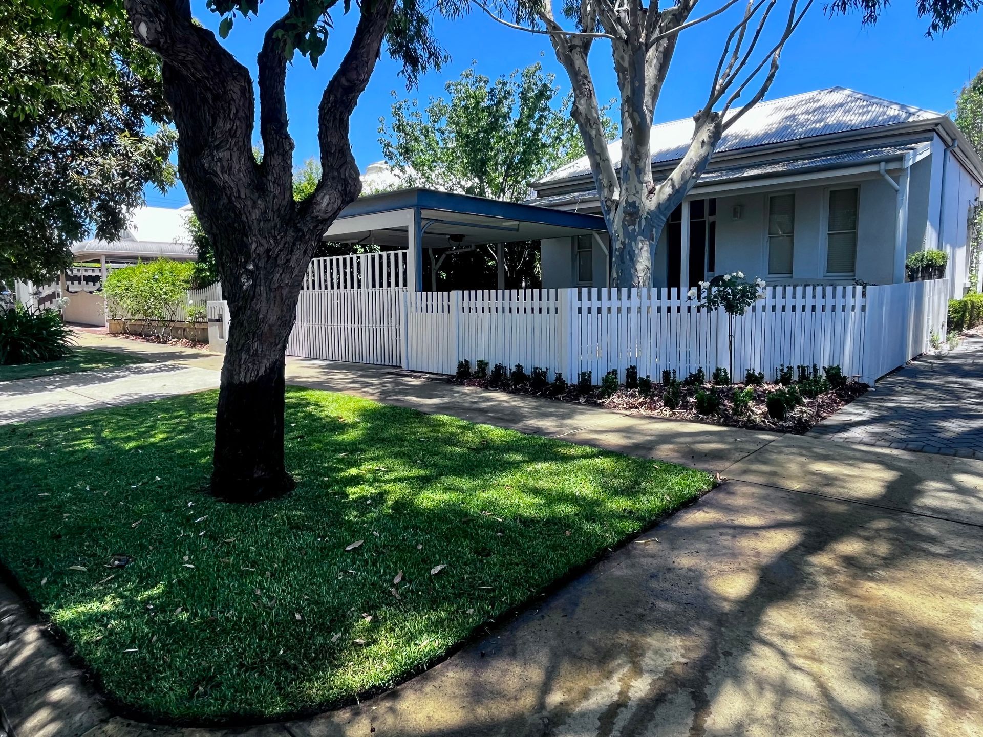 A light blue house with a white picket fence, surrounded by green grass and trees on a sunny day.