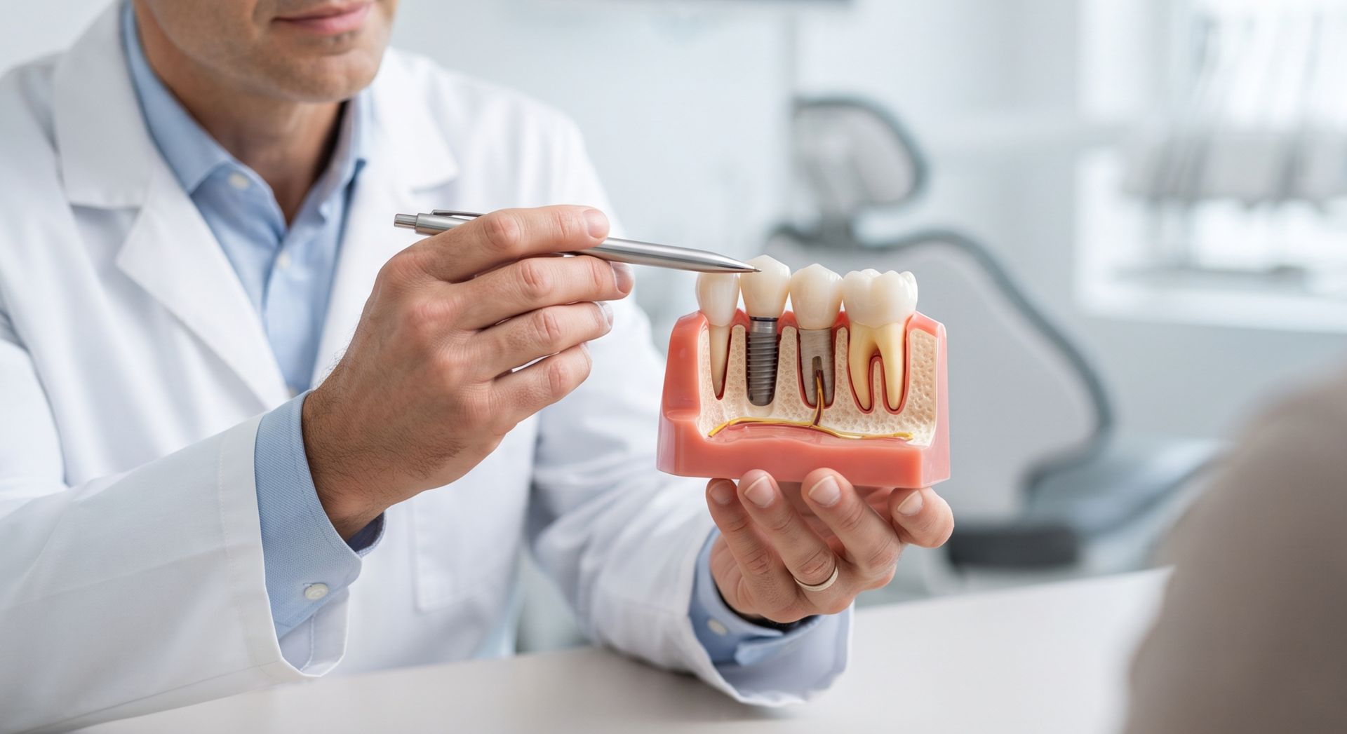 A male dentist explains a dental implant procedure using a jaw model to a patient.