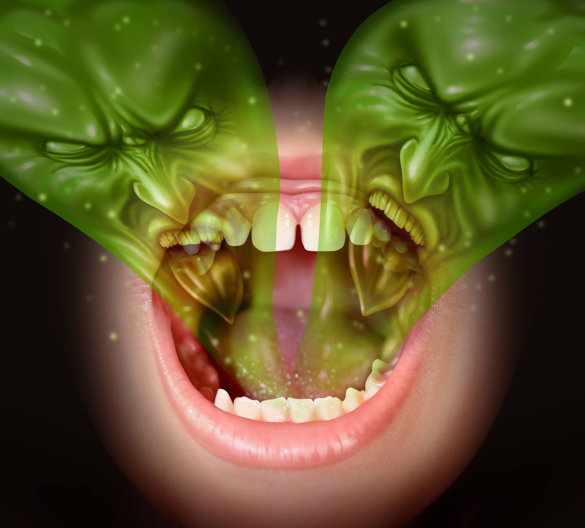 Open mouth expelling green faces; gold objects within.