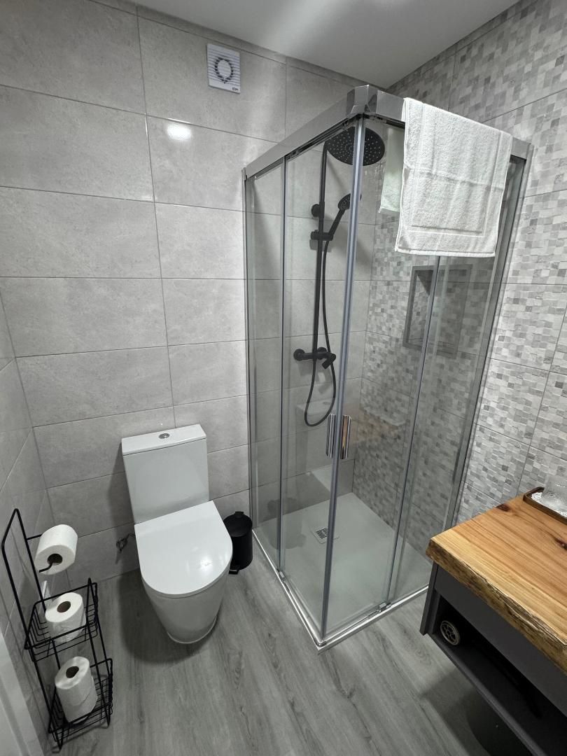 A bathroom with a toilet , shower and sink.
